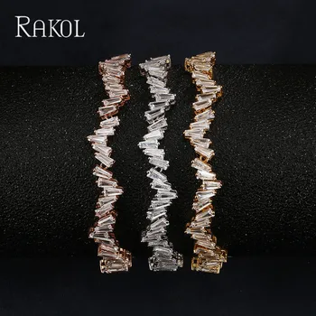 RAKOL Unikke Shin AAA CZ Zircon Kolonne Cluster uregelmæssighed Kæde armbånd&Armbånd For Kvinder Steg Guld Farve Smykker RB71618H