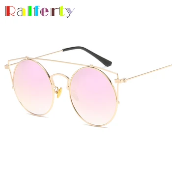 Ralferty 2017 Runde Solbriller Kvinder Pink Spejl solbriller UV400 Kvindelige Cirkel Point Cat Eye Briller Damer Nuancer R6679