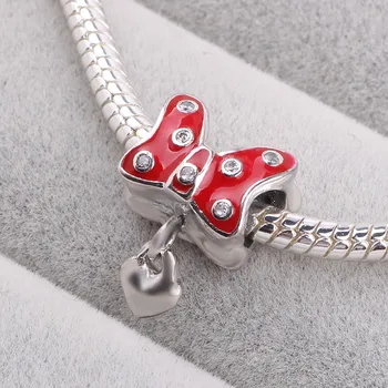 Ranqin Bow tie Love Heart Perler Passer Oprindelige Pandora Charms Armbånd 925 Sterling Sølv med Rød Emalje Perle Mode Smykker