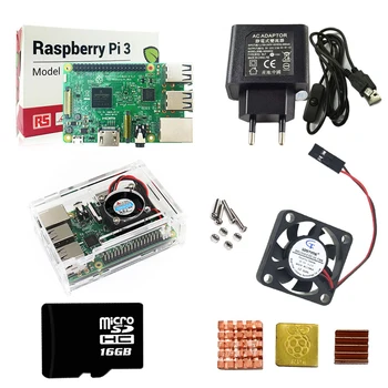 Raspberry Pi 3-kit + Akryl Tilfælde + EU-Strømforsyning + USB Kabel med skift + 16G micro SD-kort + køleplade med Wifi, Bluetooth