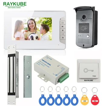 RAYKUBE Kablede Video Intercom Dør Telefon Med 280 kg Magnetisk Lås Nedfældning Type + 7 Tommer LCD-Skærm + RFID-Læser & Kamera