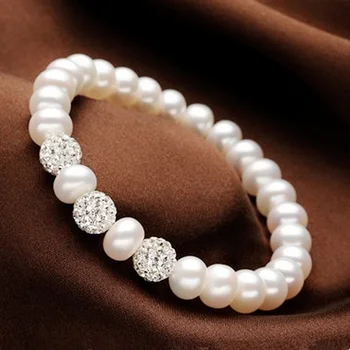 Real AAAA 8-9mm naturlige oblate pearl Shambhala-boret kugle armbånd Mode elasticitet armbånd Til kvinder Gratis fragt