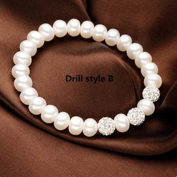 Real AAAA 8-9mm naturlige oblate pearl Shambhala-boret kugle armbånd Mode elasticitet armbånd Til kvinder Gratis fragt