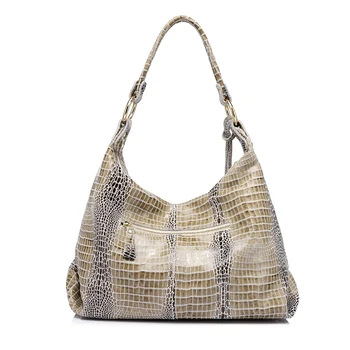 Realer kvinders ægte læder håndtasker nye ankommer stor skuldertaske kvindelige krokodille mønster hobos taske med kvast