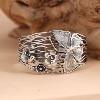 Ren 925 Sterling sølv Armbånd til kvinder bred 42mm Thailand håndlavet sommerfugl, blomster åbning Armbånd Hule kvinder smykker