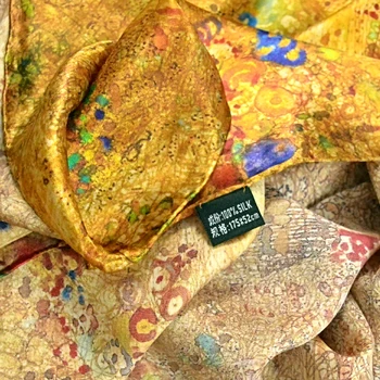 Ren Silke Tørklæde Sjal Kvindelige Lang Design Efterår og Vinter Guld Brun Silke Cape Mode silke Digitale Maleri Silke Tørklæder