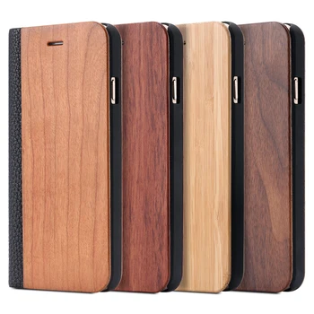 Retro Luksus Læder + Bambus Træ Flip Case Til Apple iPhone 6 6S Plus Til iPhone 7 Fashion Card Slot Tegnebog Litchi Cover Tasker