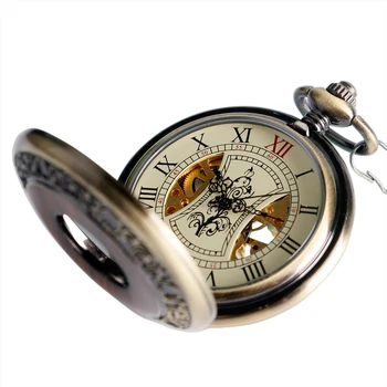 Retro Luksus Træ Cirkel Skelet Pocket Watch Mænd Kvinder Unisex Mekanisk Hånd-vikling Romertal Halskæde Gave P2012C