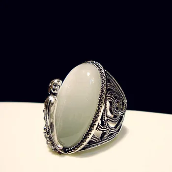 Retro Simuleret Oval Hvid Opal Ring i Antik Sølv Farve Big cat ' s eye Sten græske gudinde for skønhed Erklæring Ring Smykker
