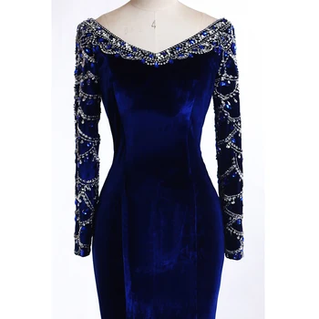 Rigtige Billeder Royal Blue Velvet Havfrue Kjole til Aften i 2017 Crystal arabisk Dubai langærmet Kjole Abiye Gala robe de soiree