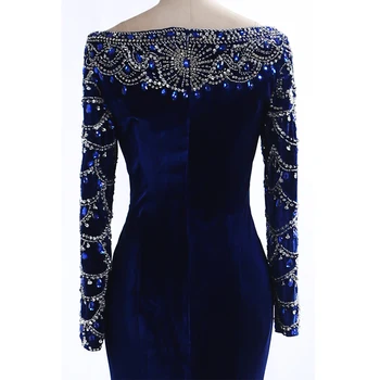 Rigtige Billeder Royal Blue Velvet Havfrue Kjole til Aften i 2017 Crystal arabisk Dubai langærmet Kjole Abiye Gala robe de soiree
