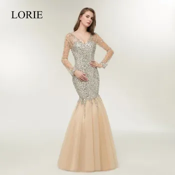 Robe De Soiree langærmet Kjole til Aften i 2017 LORIE Krystaller Bling Champagne Havfrue Prom Dress Formelle Lange Kjoler Til Bryllupper