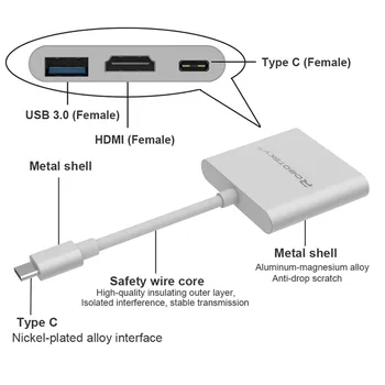 Robotsky USB 3.1 Type C til HDMI USB 3.0 USB-C-HUB Adapter Type-C-Extender, HD 1080P til Macbook 12