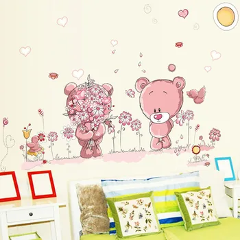 Romantisk Dejlig Pink Bærer Par Blomst Wall Stickers Decals Til pigens Værelse Home Decor Bryllup Dekoration LXY9