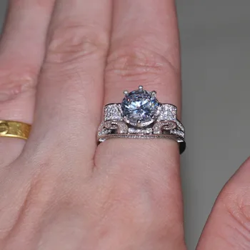 Romantiske Smykker Kvinder mænd ring Runde cut 9mm 3ct AAAAA zircon cz 925 Sterling sølv Elskere Engagement Bryllup Band Ring