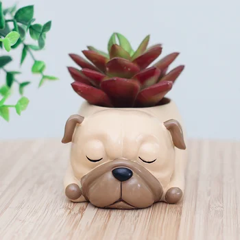 ROOGO Tegnefilm Mops Hund Dekorative Bonsai Pots Harpiks Dyr Saftige Flower Pot Hjem Indretning Håndværk Have Planter Container