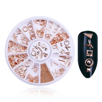 Rose Guld Nitter Nitte 3D Negle Dekoration Trekant, Cirkel, Runde, Firkantede Perler Manicure Nail Art Dekorationer i Hjulet