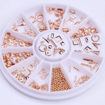 Rose Guld Nitter Nitte 3D Negle Dekoration Trekant, Cirkel, Runde, Firkantede Perler Manicure Nail Art Dekorationer i Hjulet