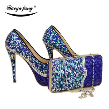 Royal blå mix sølv cyrstal bryllup sko med matchende tasker kvinde sko og taske indstille mode sko kvinder Pumper