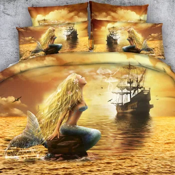 Royal Sengetøj Kilde Mærke 3 Dele Per Sæt Smukke Havfrue og Pirat Skib 3d seng sæt Piger Sengetøj 3d dyne, sengetøj sæt