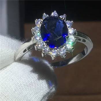 Royal Smykker Prinsesse Diana Ægte 925 Sterling sølv ring Blå 5A Zircon Cz Engagement bryllup band ringe til kvinder, Brude