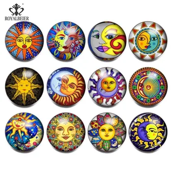 Royalbeier 12pcs Snap-Knapperne For DIY Smykker Maya-Sun Moon Totem Menneskelige Ansigt Mønster Facetslebet Glas Charms 18mm Snap-Knap