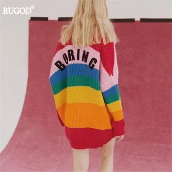 Rugod 2018 Rainbow Cardigan Kvinder Sweater Løs Brev Print Cardigan I Strik Toppe Femme Helt Afslappet Poncho Åben Søm Sweater
