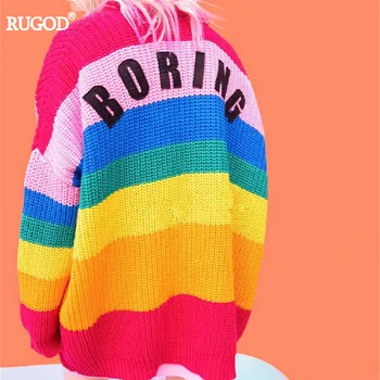 Rugod 2018 Rainbow Cardigan Kvinder Sweater Løs Brev Print Cardigan I Strik Toppe Femme Helt Afslappet Poncho Åben Søm Sweater