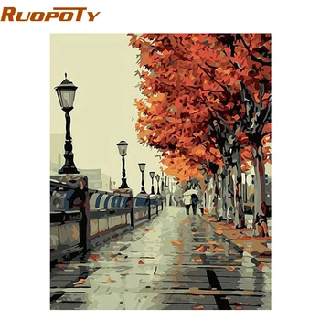 RUOPOTY Efteråret Street Landskab DIY-Maleri Af Numebrs Kit Håndmalet Oil Painting Unik Gave Til stuen Kunst 40 × 50CM