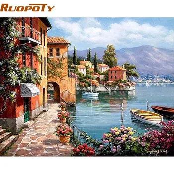 RUOPOTY Venice Resorts Seascape DIY-Maleri Af Numre Håndmalet Oil Painting Stue Hjem Væg Udsmykning Kunst 40 × 50cm
