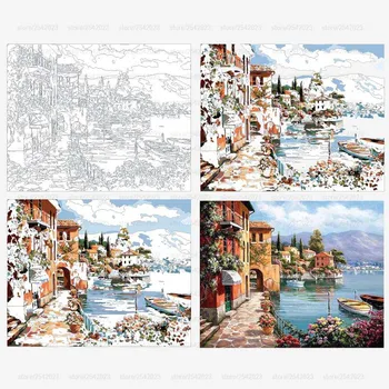 RUOPOTY Venice Resorts Seascape DIY-Maleri Af Numre Håndmalet Oil Painting Stue Hjem Væg Udsmykning Kunst 40 × 50cm
