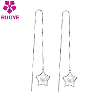 RUOYE Mode ferskvandsperle Drop Ørering Star Line Design Dingle Øreringe Til Kvinder Hot Salg Personlighed Kvindelige Sølv Smykker