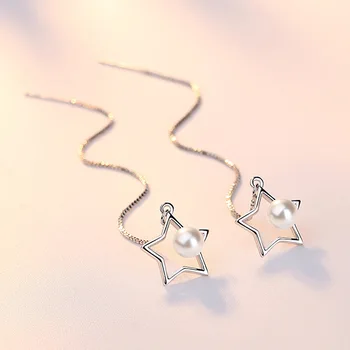 RUOYE Mode ferskvandsperle Drop Ørering Star Line Design Dingle Øreringe Til Kvinder Hot Salg Personlighed Kvindelige Sølv Smykker