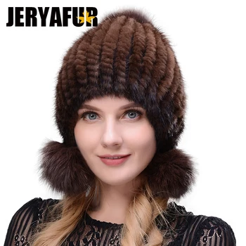 Russisk kvinde hat strik foring mink lavet hat tre fox fur bolden ægte pels hat dame vinter varm gratis sende