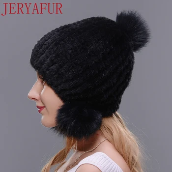 Russisk kvinde hat strik foring mink lavet hat tre fox fur bolden ægte pels hat dame vinter varm gratis sende