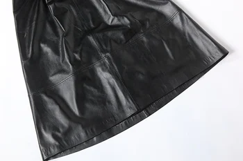 RYS5332 Kvinder 2018 Foråret Luksus Ægte Læder Lange Maxi Nederdel Kvindelige Udvidelse Nederste Lomme, Bælte Bue Black Fashion Faldas