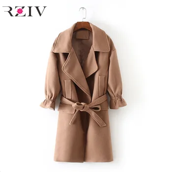 RZIV 2017 efterår og vinter frakke kvinder casual solid farve, elegant frakke revers lang frakke
