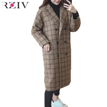 RZIV 2017 efterår og vinter frakke kvinder varm plaid lang ladies frakker og jakker lige stil frakke