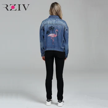 RZIV 2017 foråret kvindelige jean jakke casual dobbelt lomme indrettet denim jakke tøj broderi kvinder jakke, frakke
