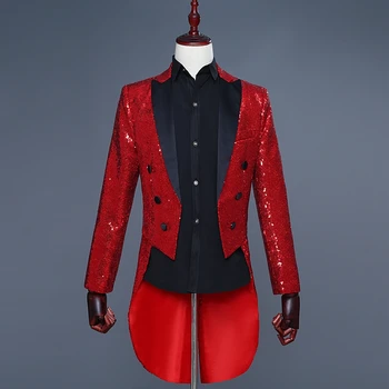 Rød Paillet Tuxedo Tailcoat Kostumer til Sangere Kostume Homme Blazer Masculino Mænd Paillet Blazer Terno Masculino