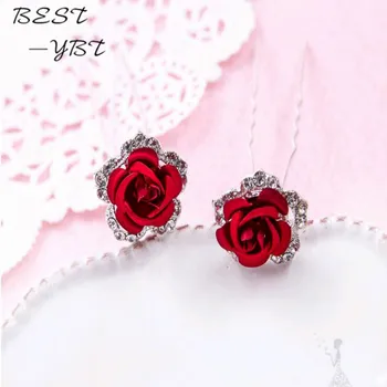 Rød rose hair pearl krystal brud hovedklæde Brudekjole Tilbehør til Bruden Bryllup hår smykker