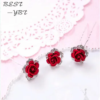 Rød rose hair pearl krystal brud hovedklæde Brudekjole Tilbehør til Bruden Bryllup hår smykker