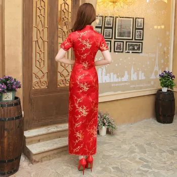 Røde Kinesiske Kvinder Vintage Kjole Satin Qipao Sexet Lange Slanke Cheongsam Hot Salg Blomst Kjole Størrelse S M XL XXL 3X4XL 5XL 6XL JA13
