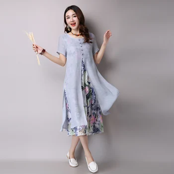 Saiqigui 2018 sommerkjole kvinder Kinesisk Stil, casual Løs Bomuld Line kjole Print-o-hals vestidos de festa