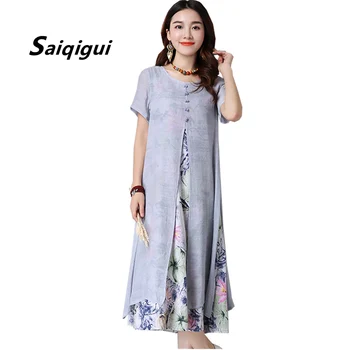 Saiqigui 2018 sommerkjole kvinder Kinesisk Stil, casual Løs Bomuld Line kjole Print-o-hals vestidos de festa