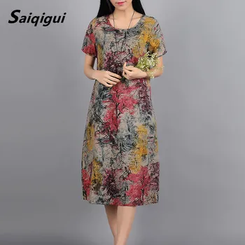 Saiqigui forår, sommer Mode Korte ærmer kvinder kjole casual Løs Print bomuld og Linned klæde o-hals vestidos de festa