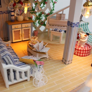 Samle DIY Dukke Hus Legetøj Træ Miniatura dukkehuse Miniature Dukkehus legetøj Med Møbler, LED-Lys, Fødselsdag, Gave 13844