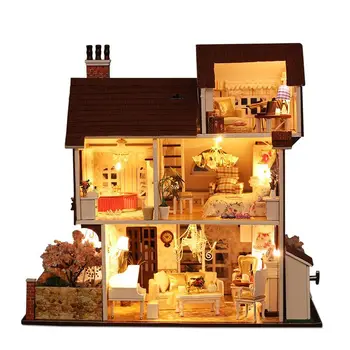 Samle DIY Dukke Hus Legetøj Træ Miniatura dukkehuse Miniature Dukkehus legetøj Med Møbler, LED-Lys, Fødselsdag, Gave K013