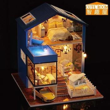 Samle DIY Dukke Hus Legetøj Træ Miniatura dukkehuse Miniature Dukkehus legetøj Med Møbler, LED-Lys, Fødselsdag, Gave A061