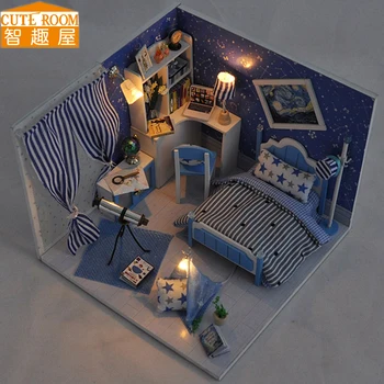 Samle DIY Dukke Hus Legetøj Træ Miniatura dukkehuse Miniature Dukkehus legetøj Med Møbler, LED-Lys, Fødselsdag, Gave TW1